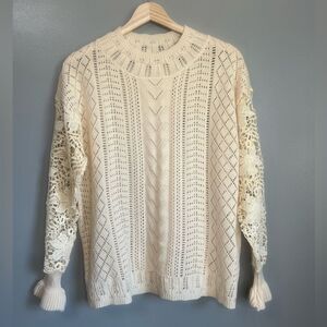 Feminine Cream open knit floral crewneck sweater large twee retro quirky cute